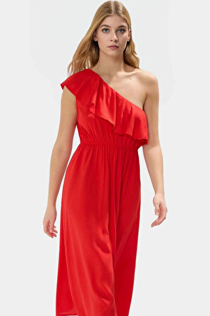 Viskoz Kumaş Midi Elbise Şık Çiçek Desenli Asimetrik Yaka Günlük Stil Modern Premium Kalite