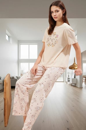 Örme Pamuklu Pijama Takımı Ayıcıklı Desenli Rahat Ev Giyim Seti Seçkin Malzeme Özel Tasarım