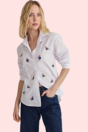 Kadın Terrycotton Dokuma Gömlek Uzun Kollu İşlemeli Desen Rahat Yaz Aylarının Vazgeçilmezi