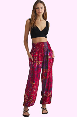 Kadın Uzun Boy Havuç Kalıp Viskoz Pantolon Etnik Desen Lastikli Paça Yüksek Bel Günlük Şıklık