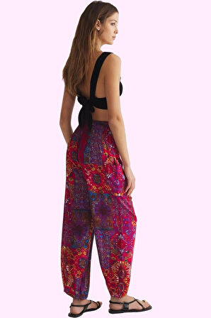 Kadın Uzun Boy Havuç Kalıp Viskoz Pantolon Etnik Desen Lastikli Paça Yüksek Bel Günlük Şıklık