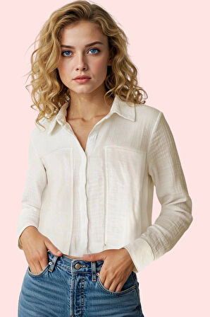 Kadın Müslin Kumaş Regular Kalıp Crop Gömlek Pamuk Yazlık Günlük Kullanım Kaliteli Malzeme