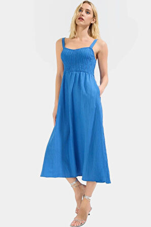 Dokuma Polyester Midi Elbise V Yaka Belden Skater Kalıp Gipeli Rahat Yüksek Kalite Şık Görünüm