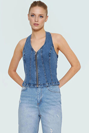 Stretch Denim Bluz Ön Fermuarlı Halter Yaka Regular Günlük Kombinler Özenle Seçilmiş