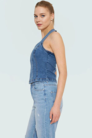 Stretch Denim Bluz Ön Fermuarlı Halter Yaka Regular Günlük Kombinler Özenle Seçilmiş