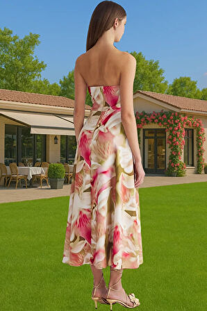 Midi Boy A Kesim Straplez Abiye Elbise Polyester Elastan Dokuma Kumaş Modern Stil Zarifane Tasarım