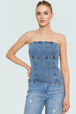 Omzu Denim Bluz %99 Pamuk Stretch Rahat Kalıp Yaz Yüksek Kalite Konforlu Kesim
