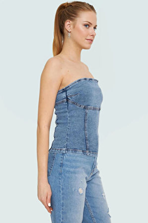 Omzu Denim Bluz %99 Pamuk Stretch Rahat Kalıp Yaz Yüksek Kalite Konforlu Kesim