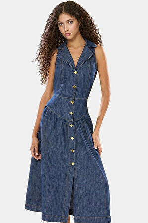 Klasik Denim Elbise Midi Boy Gömlek Yaka Pamuklu Rahat Kaliteli İşçilik Ve Şık Özenle Seçilmiş