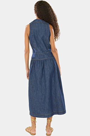 Klasik Denim Elbise Midi Boy Gömlek Yaka Pamuklu Rahat Kaliteli İşçilik Ve Şık Özenle Seçilmiş