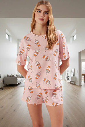 Ev Giyim İçin %100 Pamuk Baskılı Pijama Takımı Şortlu ve Kısa Kollu Tasarım Rahat Kullanım