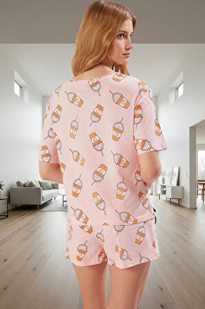 Ev Giyim İçin %100 Pamuk Baskılı Pijama Takımı Şortlu ve Kısa Kollu Tasarım Rahat Kullanım