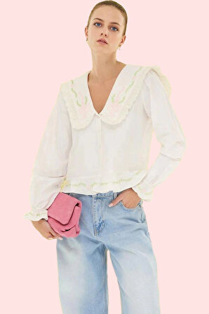 Kadın Terrycotton Kumaş Gömlek V Yaka Uzun Kollu Nakışlı Günlük Kombinler Kaliteli Malzeme