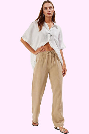 Kadın Yüksek Bel Geniş Paça Müslin Pantolon Pamuk Yazlık Günlük Kombin Yaz Aylarının Vazgeçilmezi