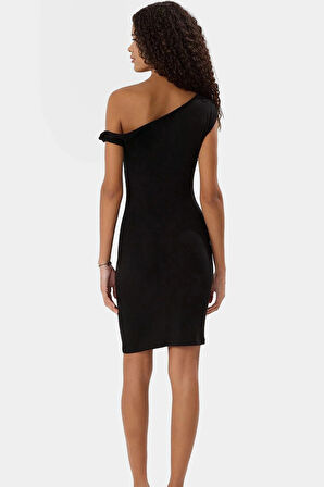 97% Viskoz Örme Mini Elbise Bodycon Kalıp Asimetrik Yaka Türk Malı Rahat Kullanım