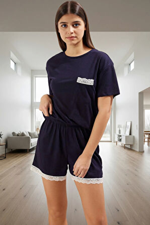 Yazlık Şortlu Pijama Takımı Nefes Alan Kaşkorse Kumaş Dantel Detay Günlük Kullanım İçin