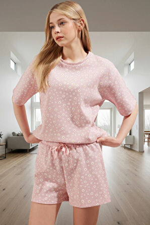 Yazlık Pamuklu Pijama Takımı Çiçek Desenli Waffle Şort Özenle Seçilmiş Uzun Ömürlü