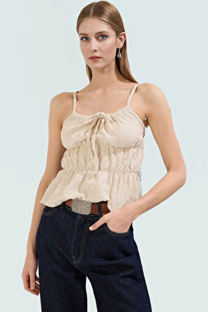 Yazlık Casual Jakarlı Bluz Crop Fitted Kare Yaka Yüksek Kalite Özenle Seçilmiş