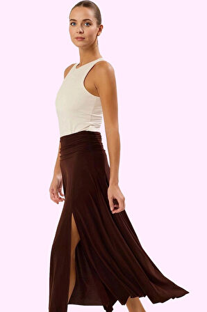 Kadın A line Maxi Etek Yüksek Bel Yırtmaç Detaylı Örme Kumaş Yazlık Rahat Günlük Kombinler