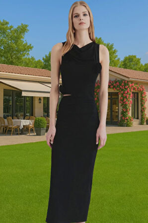 Bodycon Gül Detaylı Örme Abiye Elbise Polyester Yazlık Dayanıklı Malzeme Dayanıklı Malzeme