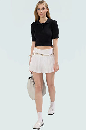 Yazlık Kısa Kollu Crop Bluz Polo Yaka Fitted Rejenere Kaşkorse Kumaş Özel Tasarım