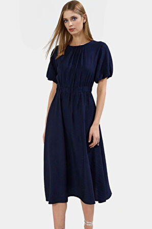 Şık Polyester Midi Elbise A Line Kesim Keten Görünümlü Dokuma Trend Tasarım