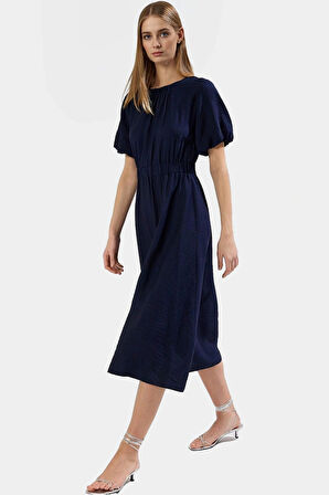 Şık Polyester Midi Elbise A Line Kesim Keten Görünümlü Dokuma Trend Tasarım