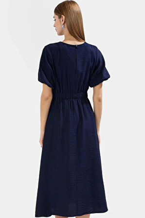 Şık Polyester Midi Elbise A Line Kesim Keten Görünümlü Dokuma Trend Tasarım