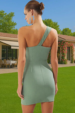 Asimetrik Yaka Mini Elbise Bodycon Kalıp Polyester Elastan Şık Elbise Seçkin Malzeme Özenle Seçilmiş