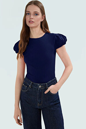 Dokuma Detaylı Kaşkorse Örme Bluz Regular Bisiklet Yaka Feminen Yazlık Günlük Kullanım İçin