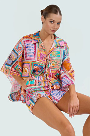 Dokuma Pamuk Tropikal Desenli Şort Gömlek Takım Yaz Plaj Rahat Kullanım Konforlu Kesim Özel Tasarım