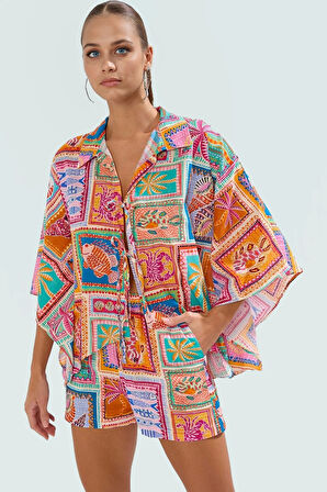 Dokuma Pamuk Tropikal Desenli Şort Gömlek Takım Yaz Plaj Rahat Kullanım Konforlu Kesim Özel Tasarım