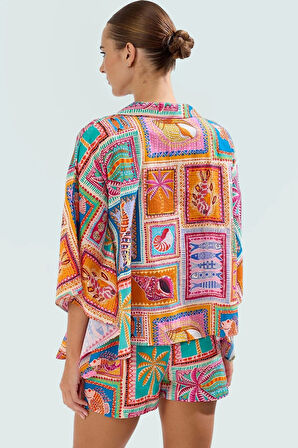 Dokuma Pamuk Tropikal Desenli Şort Gömlek Takım Yaz Plaj Rahat Kullanım Konforlu Kesim Özel Tasarım