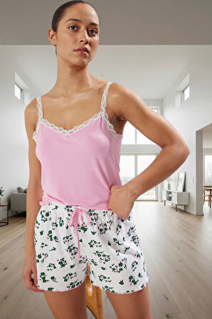 Örme Viskoz Pijama Takımı Kolsuz Çiçek Desenli Yüksek Kalite Rahat Kullanım Uzun Ömürlü