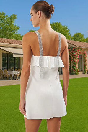 Taş Detaylı Askılı A Kesim Mini Saten Abiye Elbise Yazlık Balo Elbisesi Rahat Ve Şık