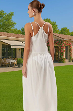 Kadın V Yaka Maxi Elbise Rahat Plaj Şıklığı Crinkle Dokuma Konforlu Kesim Profesyonel Görünüm