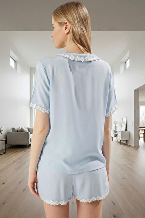 Yazlık Pijama Takımı Şortlu Papatya Detaylı %100 Viskon Kumaş Dayanıklı Malzeme