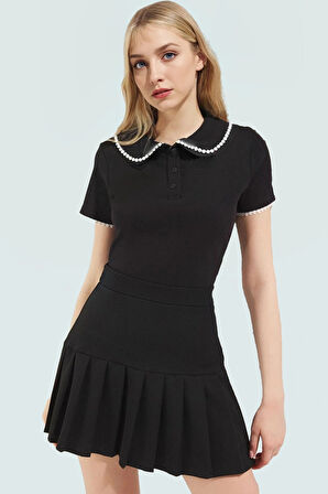 Regular Dantel Detaylı Kaşkorse Örme Bluz Bebe Yaka Fitted Kalıp Yazlık Rahat Ve Şık