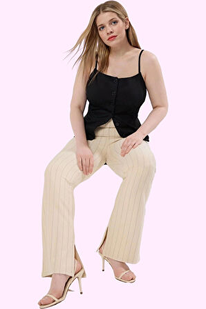 Kadın Büyük Beden İspanyol Paça Pantolon Yüksek Bel Çizgili Desen Günlük Stil Modern Tasarım