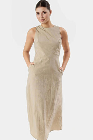 Polyester Dokuma Midi Elbise A Line Kesim Bisiklet Yaka Rahat Yazlık Ve Şık