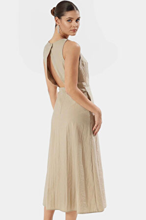 Polyester Dokuma Midi Elbise A Line Kesim Bisiklet Yaka Rahat Yazlık Ve Şık