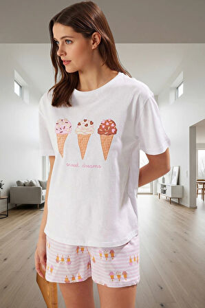 Dondurma Desenli Regular Kalıp Örme Pijama Takımı Seçkin Malzeme Dayanıklı