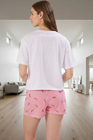 Homewear %100 Pamuk 2'li Pijama Takımı Biber Desenli Şort ve Tişört Modern Stil Rahat Şık