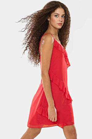 Fırfırlı Detaylı Mini Elbise A Kesim Şifon Polyester Yazlık Trend Tasarım Özel