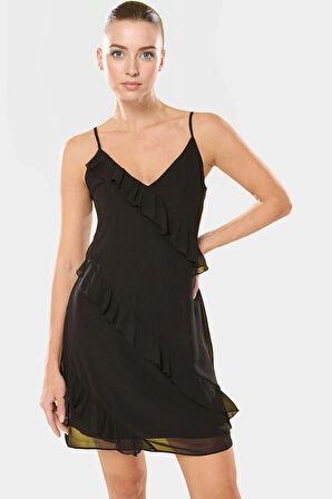 Fırfırlı Detaylı Mini Elbise A Kesim Şifon Polyester Yazlık Trend Tasarım Özel