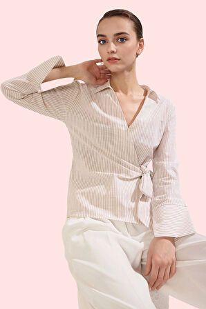 Kadın Basic Regular Kalıp Uzun Kollu Çizgili Gömlek Pamuk Günlük Ve İş Hayatı Modern Tasarım