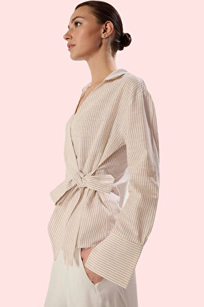 Kadın Basic Regular Kalıp Uzun Kollu Çizgili Gömlek Pamuk Günlük Ve İş Hayatı Modern Tasarım