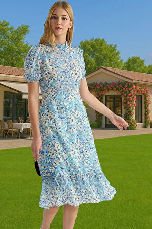 Feminen A Kesim Çiçekli Midi Elbise Polyester Dokuma Kısa Balon Kol Rahat Kullanım Rahat Ve Şık