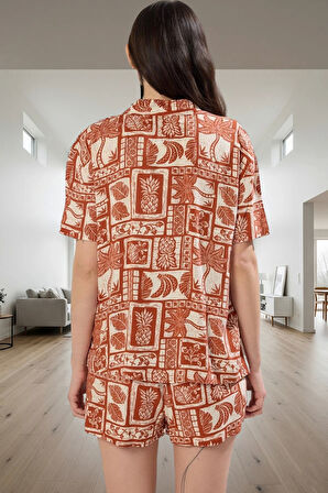 Yazlık Etnik Desenli Viskoz Pijama Takımı Kısa Kollu Gömlek ve Şort Rahat Şık Kaliteli İşçilik