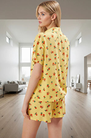Yazlık Dokuma Viskoz Pijama Takımı Çiçek Desenli Yırtmaçlı Şort ve Gömlek Konforlu Kesim